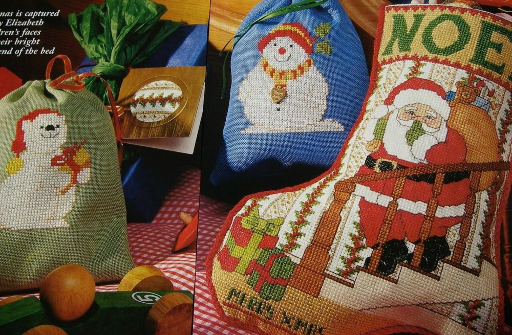 Santa Christmas Stocking Snowman Gift Sacks/Cards Cross Stitch Charts