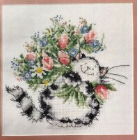 Black, White & Grey Cat with Flowers ~ Cross Stitch Chart