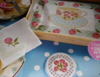 Pink Roses Teacup: Tray Coaster & Napkin ~ Three Cross Stitch Charts