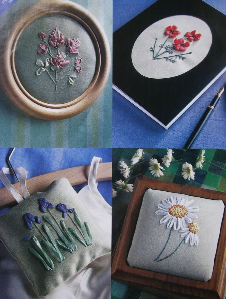 Four Ribbon Embroidery Flowers Cards Sachets Gifts ~ Embroidery Patterns