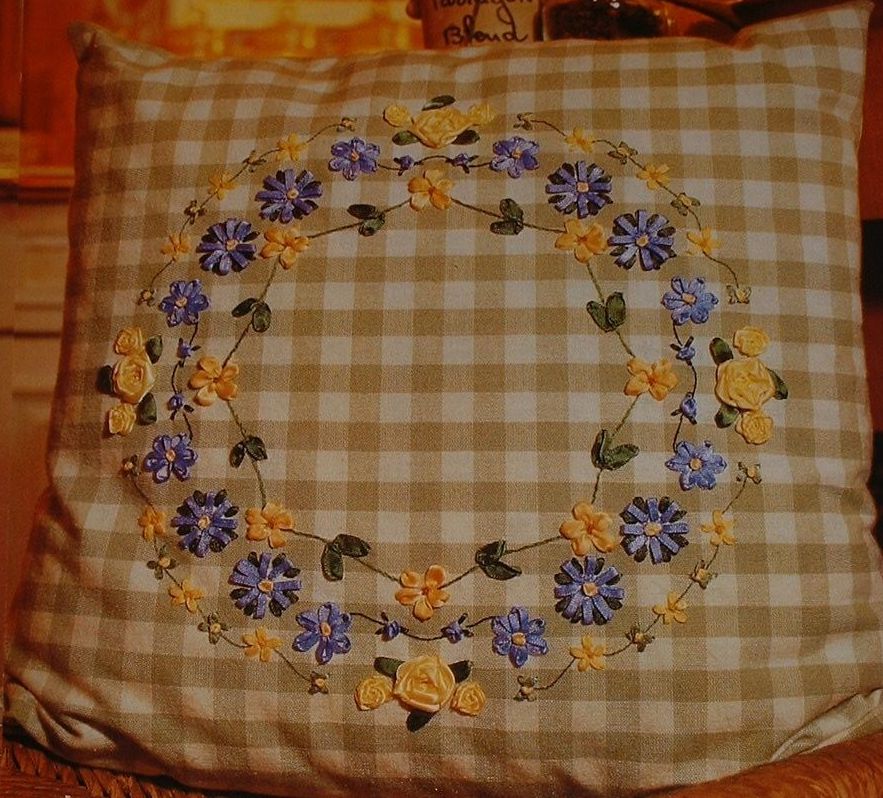 Triple Ribbon Garland Embroidered Cushion ~ Ribbonwork Pattern