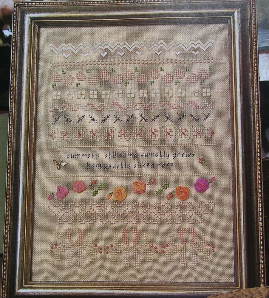 Summer Counted Thread Band Sampler with Ribbonwork Roses ~ Embroidery Patte