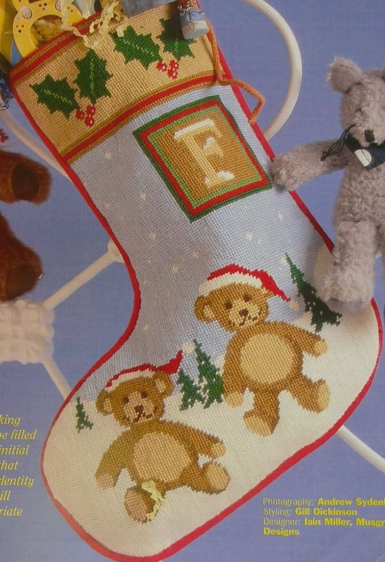 Teddy Bears in the Snow Christmas Stocking ~ Needlepoint Pattern