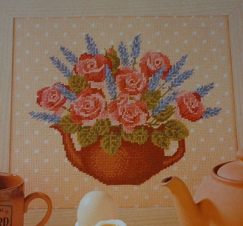 Teapot With Lavender & Roses ~ Needlepoint Chart