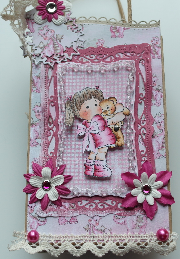 *pink dragon* OOAK Handmade Scrapbook Dragon Girl with Teddy Book in a Bag