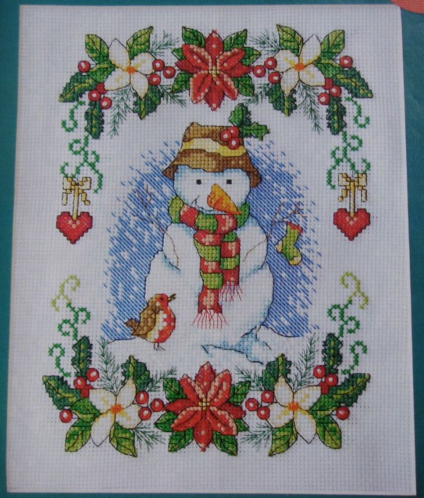 Snowman & Robin with Christmas Foliage ~ Cross Stitch Chart