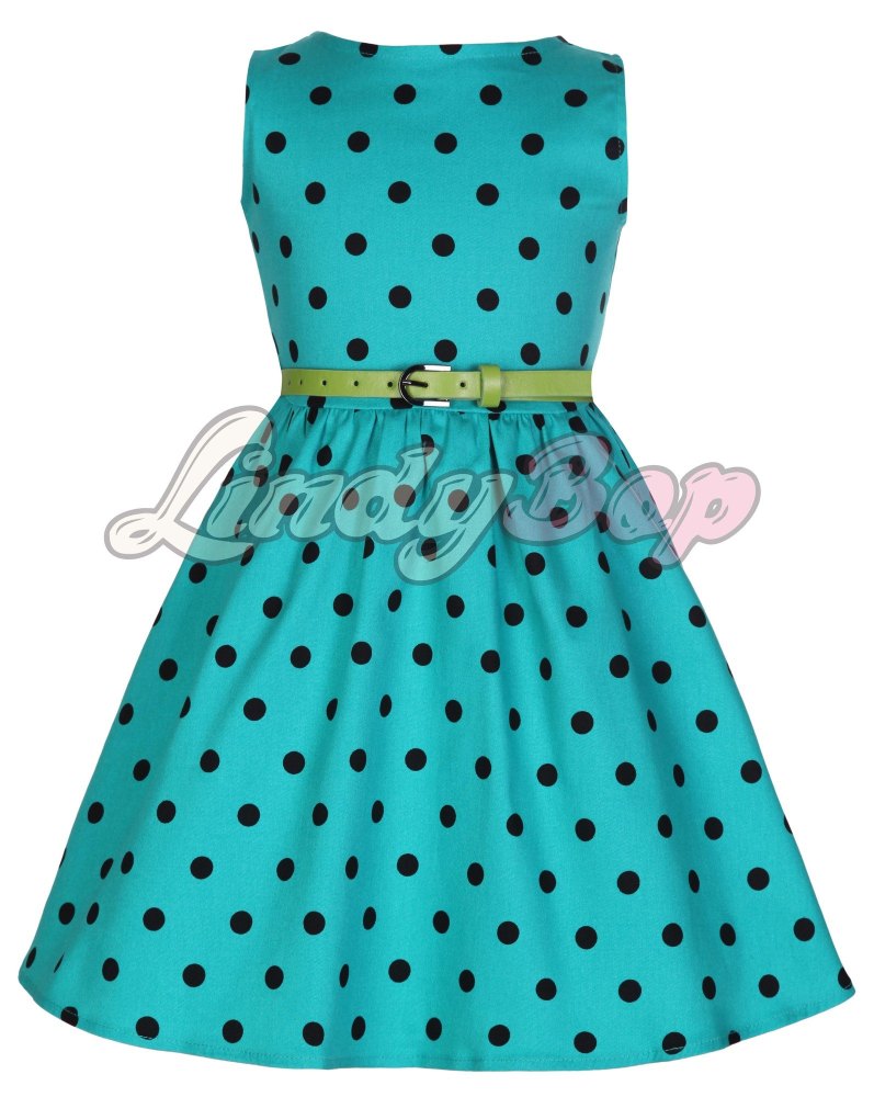 LINDY BOP CHILDRENS MINI 'AUDREY' CUTESY TUQUOISE POLKA DOT VINTAGE INSPIRE