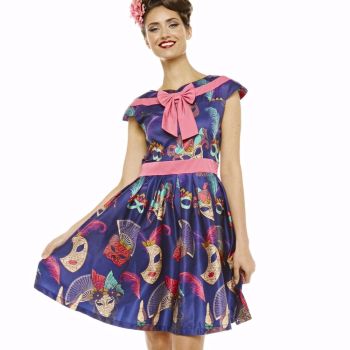 LINDY BOP Ariana Navy Masquerade Mask Print Pink Bow Vintage Style Swing Dress