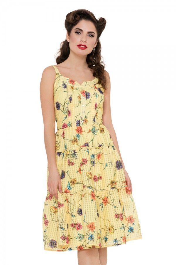 Voodoo Vixen Vintage Inspired Lined Sylvia Yellow Floral & Gingham Dress