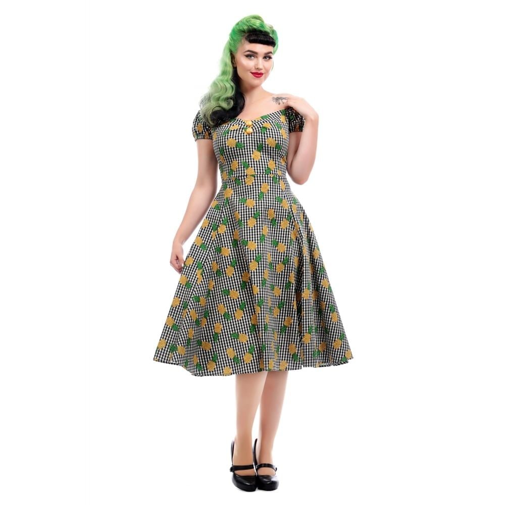 COLLECTIF Mainline Dolores Pineapple Gingham Doll Vintage 50s Inspired Dres
