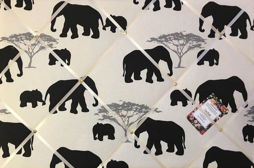 Extra Large 90x60cm Marson Grey Elephants Hand Crafted Fabric Notice / Pin