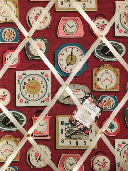 Custom Handmade Bespoke Fabric Pin / Memo / Notice / Photo Cork Memo Board With Cath Kidston Clocks Burgundy Red With Your Choice of Sizes & Ribbons