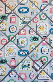 Custom Handmade Bespoke Fabric Pin / Memo / Notice / Photo Cork Memo Board With Cath Kidston Clocks Grey With Your Choice of Sizes & Ribbons