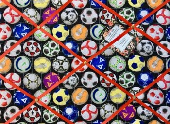 Custom Handmade Bespoke Fabric Pin / Memo / Notice / Photo Cork Memo Board With Multi Colour Footballs Soccer With Your Choice of Sizes & Ribbons