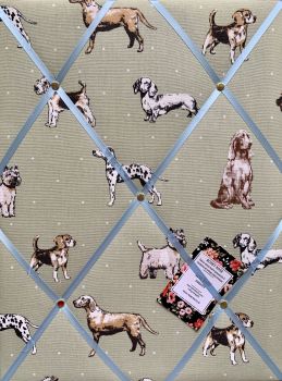 Custom Handmade Bespoke Fabric Pin / Memo / Notice / Photo Cork Memo Board With Clarke & Clarke Best of Show Dogs Sage With Your Choice of Sizes & Rib