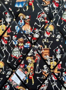 Custom Handmade Bespoke Fabric Pin / Memo / Notice / Photo Cork Memo Board With Day of the Dead Musical Skeletons With Your Choice of Sizes & Ribbons