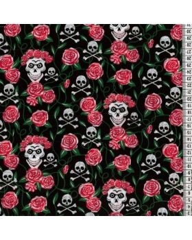 Skull & Crossbones Roses Red Polycotton 44" Per Metre