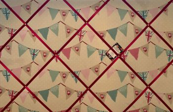 Custom Handmade Bespoke Fabric Pin Memo Notice Photo Cork Memo Board With Fryetts Pink Union Jack Bunting With Your Choice of Sizes & Ribbons