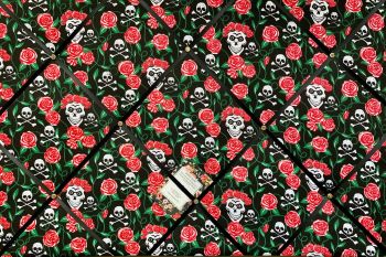 Custom Handmade Bespoke Fabric Pin Memo Notice Photo Cork Memo Board With Black, Red & White Skulls Roses & Thorns With Your Choice of Sizes & R