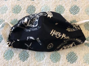 Kid's Handcrafted Reusable Washable Fabric Face Mask Covering Raising Money For Mind Harry Potter Hogwarts Black Logo & Polka Dot