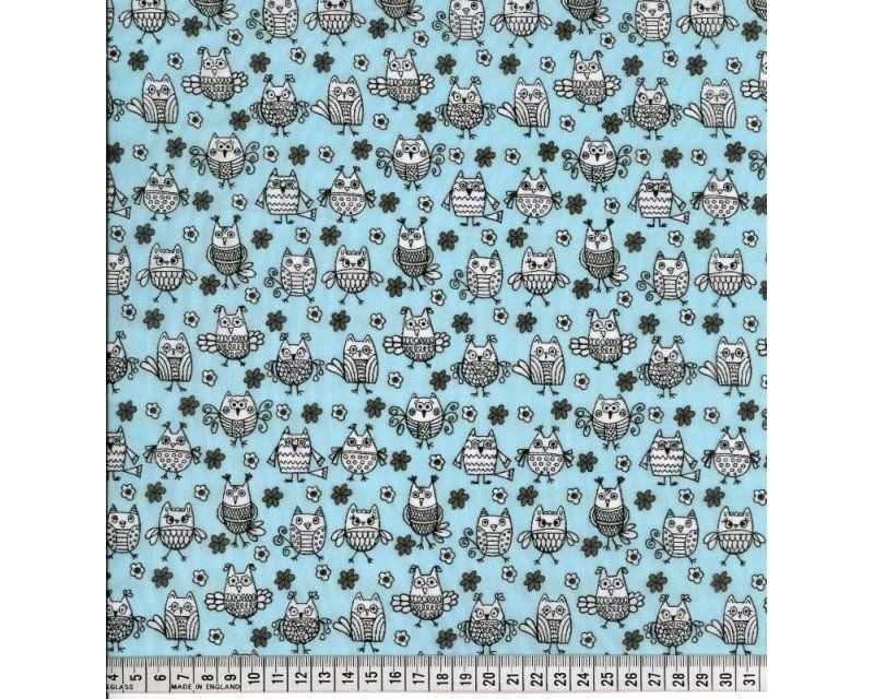 Owls Polycotton Sky Blue Fabric 44 inch By The Metre FREE DELIVERY