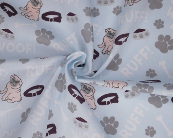 Pug Paw Dog Polycotton Sky Blue Fabric 44 inch By The Metre FREE DELIVERY