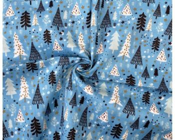 Xmas Trees Blue Polycotton 80/20 Fabric 45 inch By The Metre FREE DELIVERY