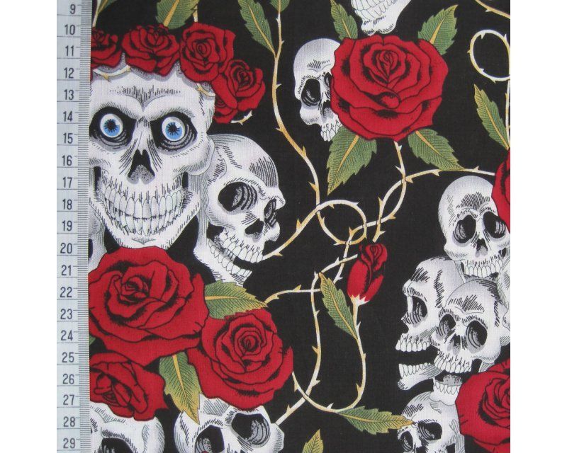 Skulls Roses Thorns Black Red100% Cotton 54
