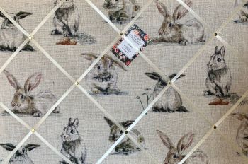 Custom Handmade Bespoke Fabric Pin Memo Notice Photo Cork Memo Board With Clarke & Clarke Rabbits Bunnies Choice of Sizes & Ribbon