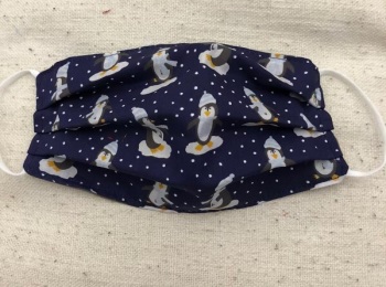 Adults or Kids Crafted Reusable Washable Fabric Face Mask Covering Raising Money For Crisis this Christmas Blue Penguin and Grey