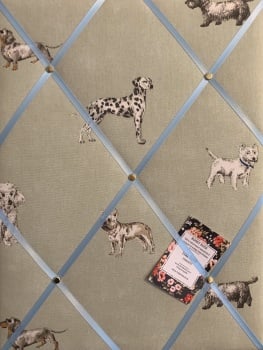 Custom Handmade Bespoke Fabric Pin / Memo / Notice / Photo Cork Memo Board With Prestigious Kennels Sage Green Dogs With Your Choice of Sizes & Rib