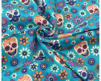 Skulls & Flowers Jade Green Day of the Dead Polycotton Fabric Material 111cm By The Metre FREE UK DELIVERY