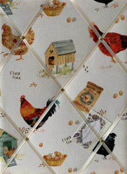 Custom Handmade Bespoke Fabric Pin Memo Notice Photo Cork Memo Board With Clarke & Clarke Chicken Hen Cluck Cluck Choice of Size & Ribbon