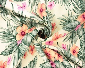 Floral Tropical Palm Leaves & Frangipani Flowers Cotton 56" By The Metre FREE UK DELIVERY