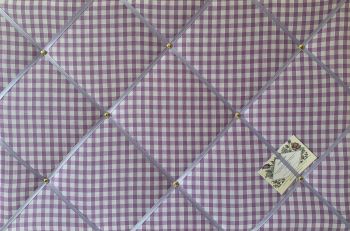 Custom Handmade Bespoke Fabric Pin Memo Notice Photo Cork Memo Board With Lilac White Gingham Check With Choice of Size & Ribbon