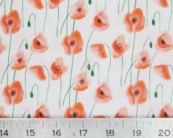 Watercolour Red White Poppies Cotton Fabric 58 inch By The Metre FREE UK DELIVERY