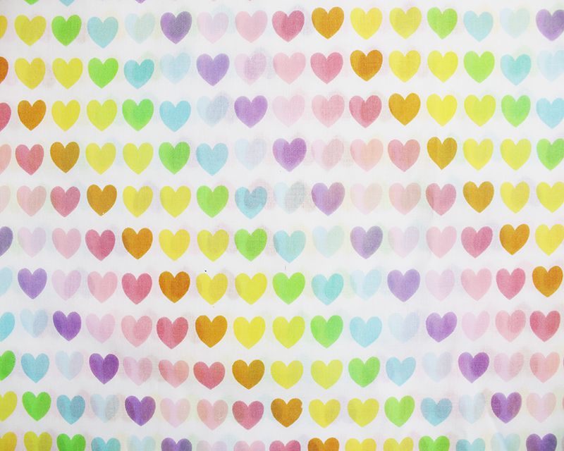 Pastel Rainbow Hearts Polycotton 80/20 Fabric 44 inch Metre FREE UK DELIVER