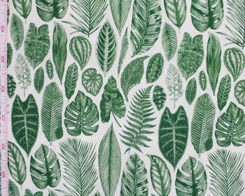 Green & White Botanical Leaves Plants Cotton 58" By The Metre FREE UK Delivery