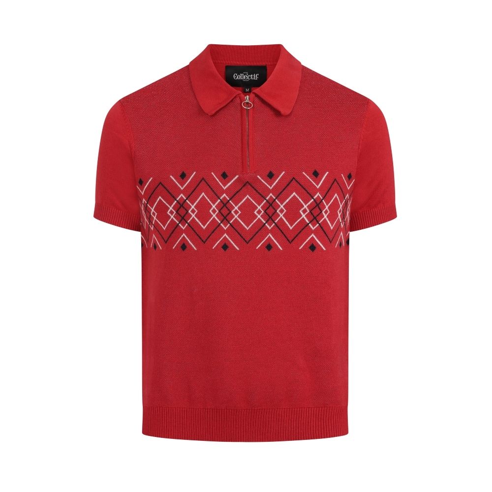 Collectif Menswear Pablo Classic Red Harlequin Knitted Zip Polo Top