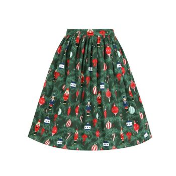Collectif Mainline Jasmine Festive Knee Length Forrest Green Christmas Tree Swing Skirt