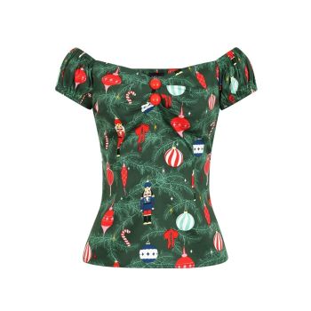 Collectif Mainline Dolores Festive Christmas Tree Short Puff Sleeve Sweetheart Neckline Top