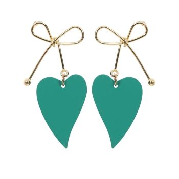 Collectif Accessories Pauline Green Heart Shape Gold Bows Retro Kitsch Earrings