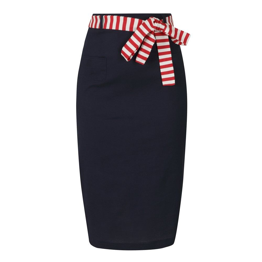 Collectif Mainline Marinella Navy Knee Length Pencil Skirt Red & White Sash