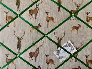 Custom Handmade Bespoke Fabric Pin / Memo / Notice / Photo Cork Memo Board Linen Look Deer and Stags With Your Choice of Sizes & Ribbons