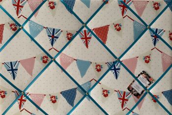 Custom Handmade Bespoke Fabric Pin Memo Notice Photo Cork Memo Board With Fryetts Blue Union Jack Bunting With Your Choice of Sizes & Ribbons