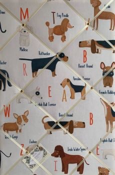 Custom Handmade Bespoke Fabric Pin Memo Notice Photo Cork Memo Board With Multicolour ABC Dog Breeds Choice of Size & Ribbon