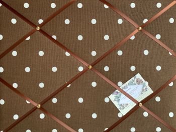 Custom Handmade Bespoke Fabric Pin Memo Notice Photo Cork Memo Board With Chocolate Brown Dotty Spot With Choice of Size & Ribbon