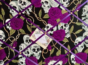 Custom Handmade Bespoke Fabric Pin Memo Notice Photo Cork Memo Board With Skulls With Purple Flowers on Black With Choice of Size & Ribbon