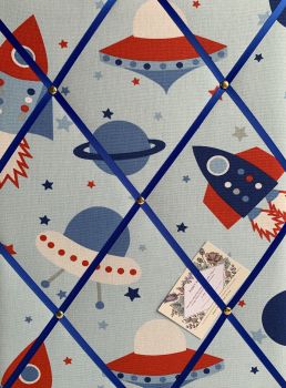 Custom Handmade Bespoke Fabric Pin Memo Notice Photo Cork Board With Blue Space Rockets UFOs Fabric Your Choice of Sizes & Ribbon