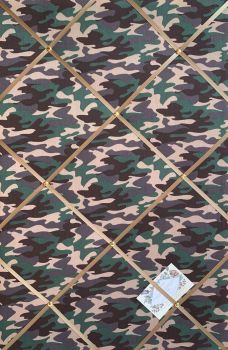 Custom Handmade Bespoke Fabric Pin Memo Notice Photo Cork Memory Board With Khaki Camouflage Army Print With Your Choice of Sizes & Ribbons